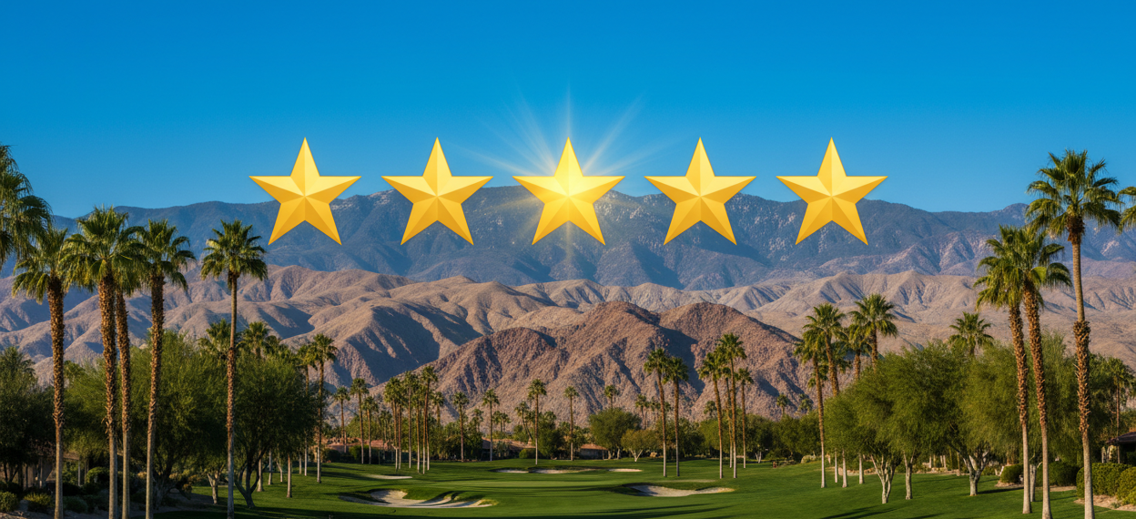 an image of palm springs gold course with 5 stars like a review button