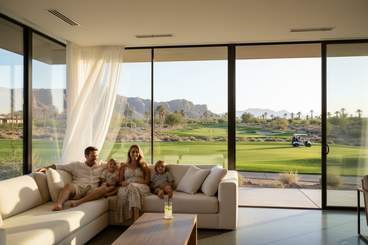 family relaxing in their desert home on the golf course, its apparent that they A/C is on and cooling the house down